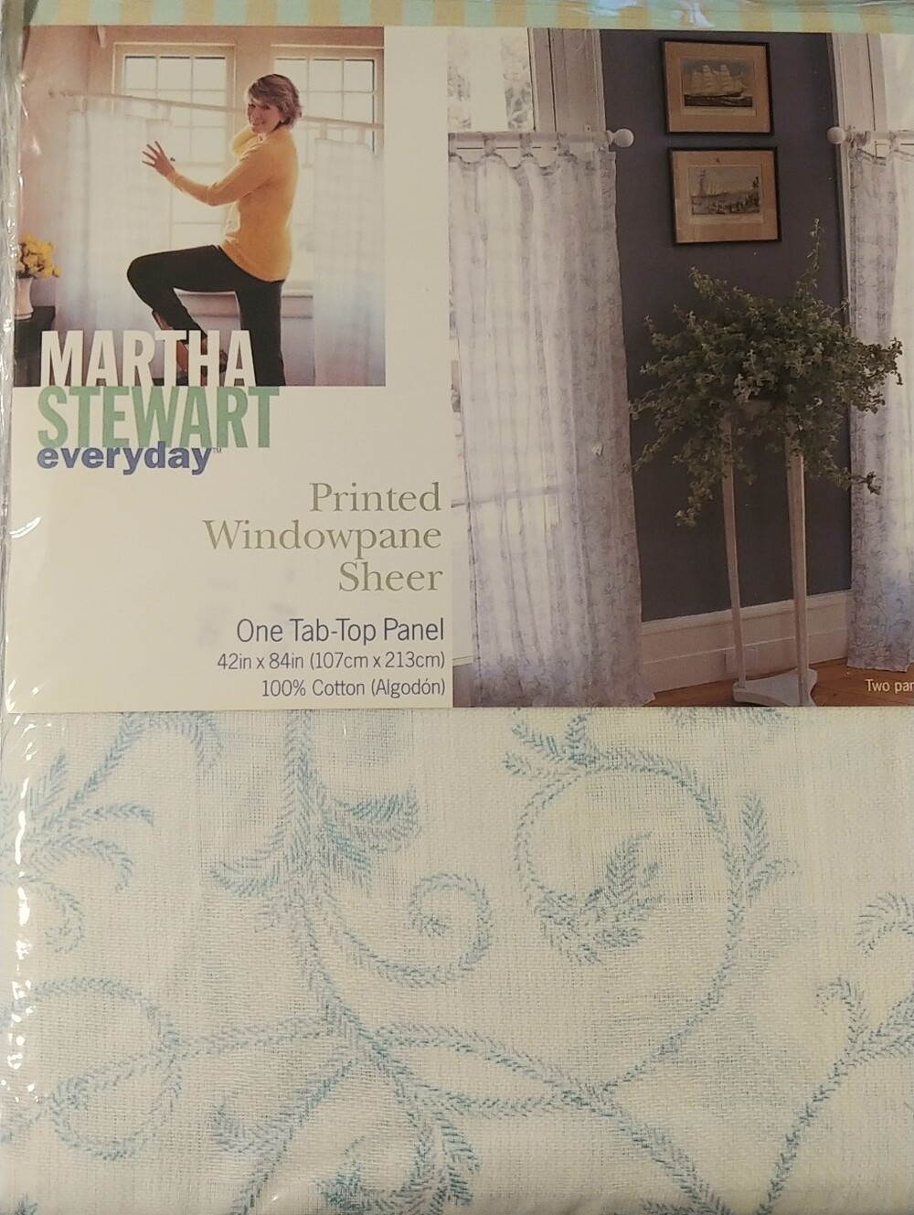 Martha Stewart Light Blue Scroll Printed Windowpane Sheer Panel